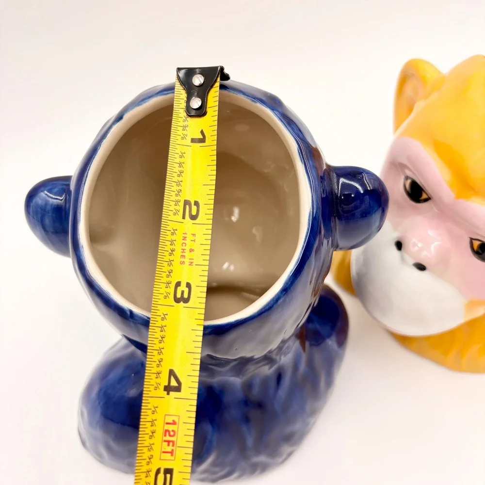 Ceramic Monkey Bust Planter Vase Set Blue‎ and Yellow Glossy Glaze Primate Decor